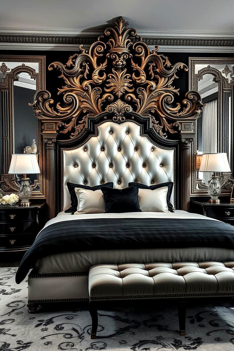 Opulent Statement Headboard - 24 Black and White Bedroom Ideas