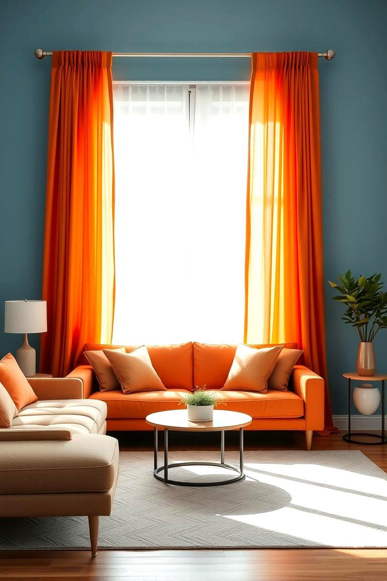 Orange Curtains Against a Blue Wall - 24 orange and blue living room ideas