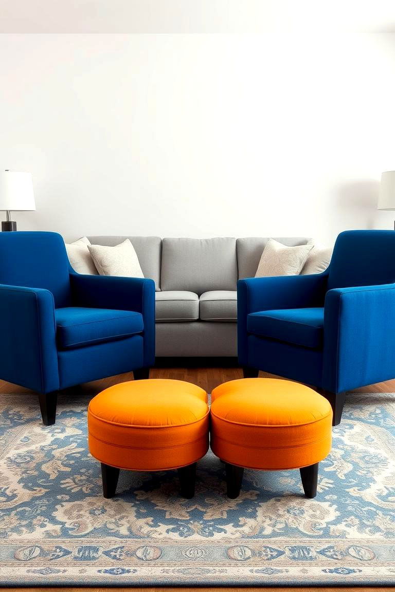 Orange Ottomans with Blue Armchairs - 24 orange and blue living room ideas