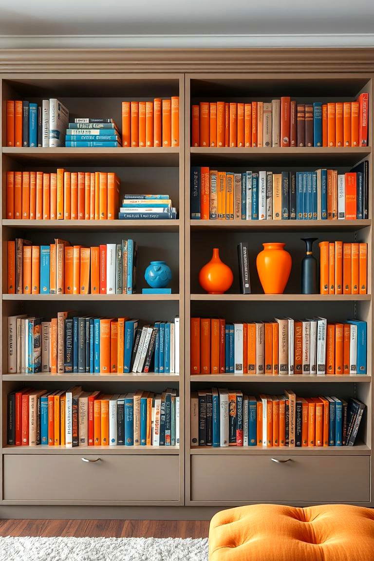 Orange and Blue Bookshelf Styling - 24 orange and blue living room ideas