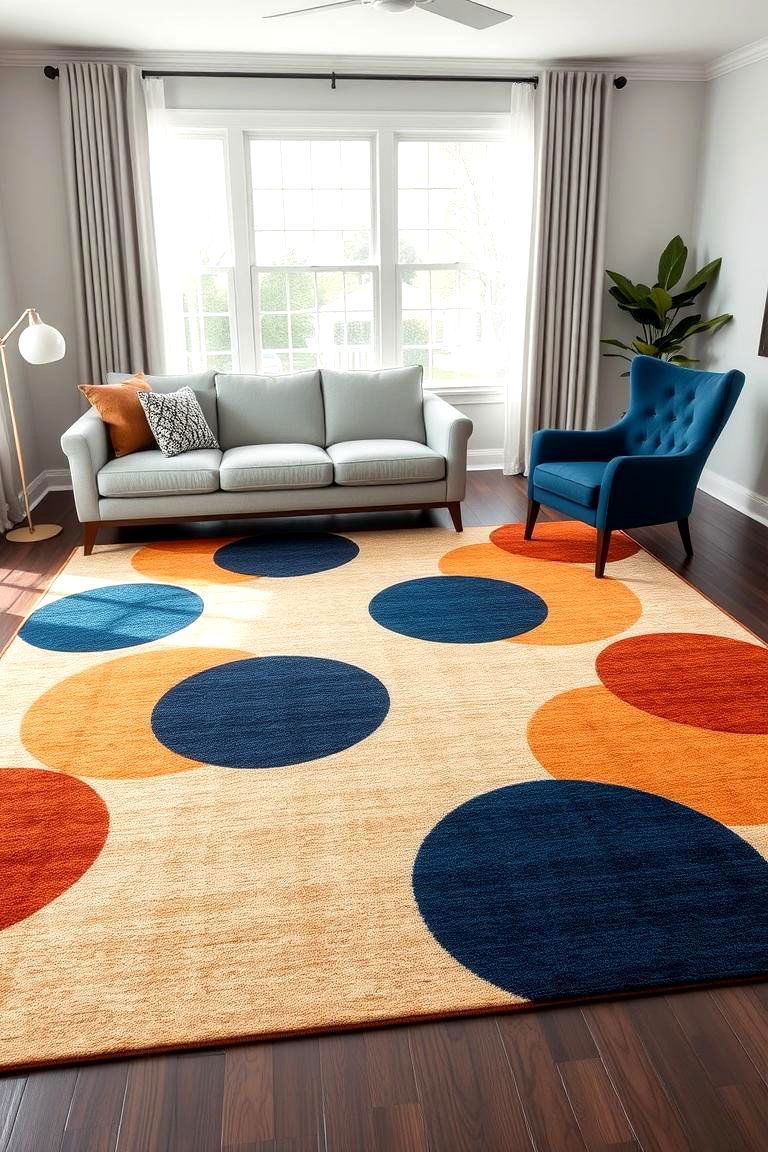 Orange and Blue Patterned Rug as a Centerpiece - 24 orange and blue living room ideas