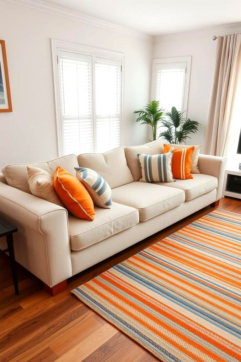 Orange and Blue Striped Textiles - 24 orange and blue living room ideas