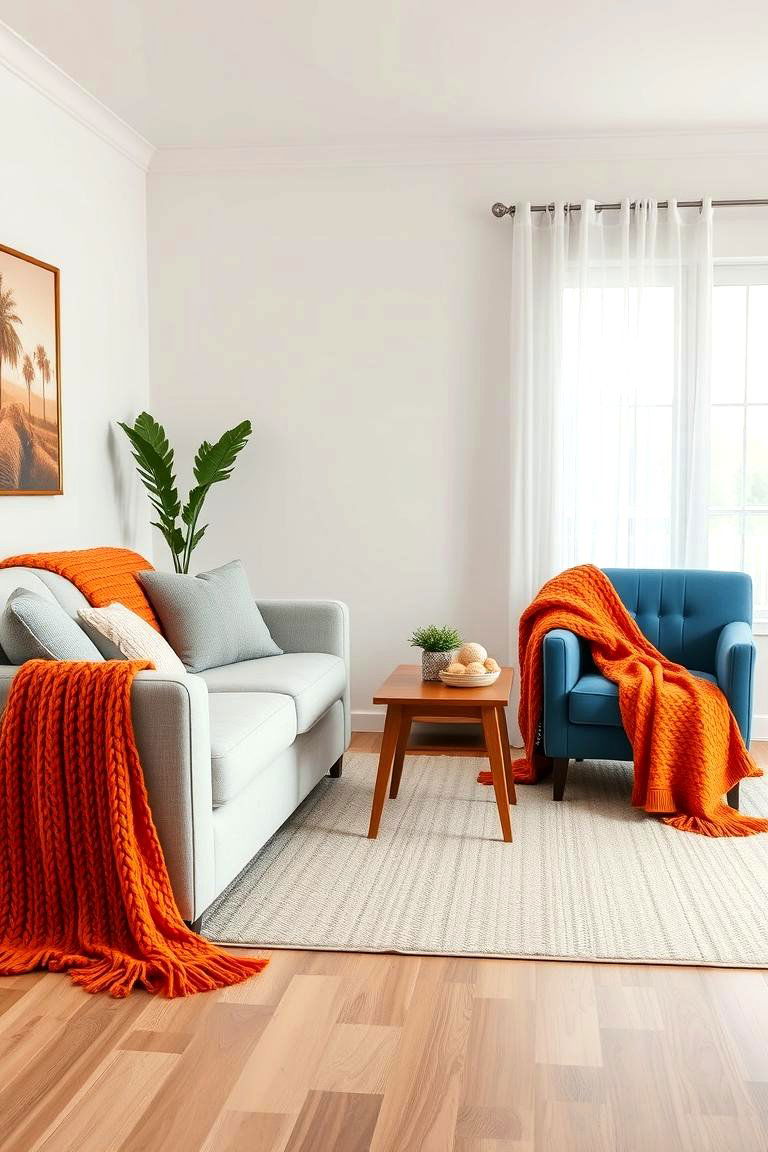 Orange and Blue Throw Blankets for Texture and Color - 24 orange and blue living room ideas