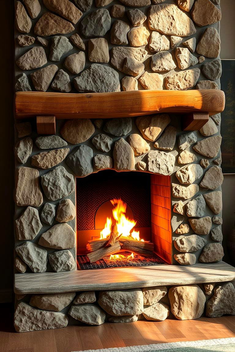 Organic Blended Stone and Wood - 24 Stacked Stone Fireplace Ideas