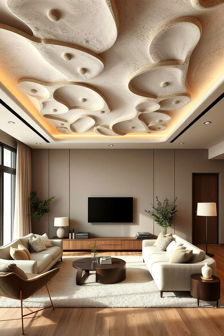 Organic Form False Ceiling with Natural Elements - 24 Living Room False Ceiling Design Ideas