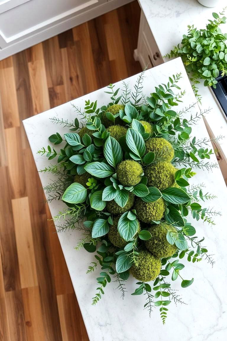 Organic Greenery and Moss Arrangement - 24 Kitchen Island Centerpiece Ideas