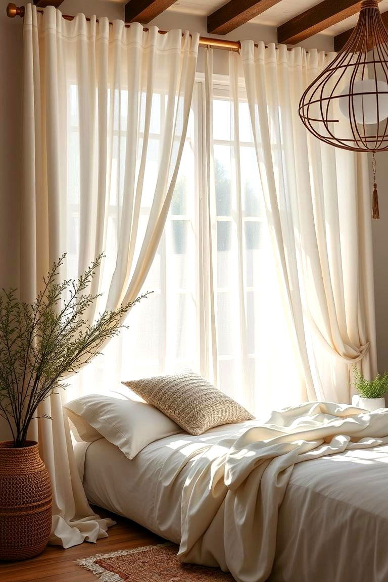 Organic Linen Drapes - 24 Green Boho Bedroom Ideas
