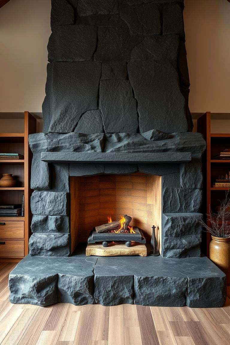 Organic Stone Textures - 24 Black Stone Fireplace Ideas