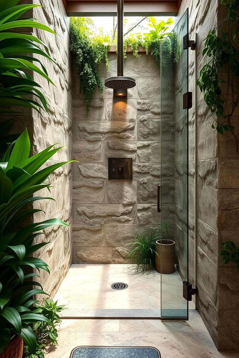 Organic Stone with Greenery - 24 Stone Shower Design Ideas