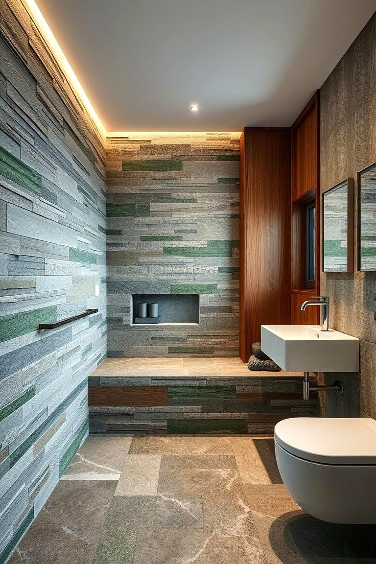 Organic Texture Harmony - 24 Green and Grey Bathroom Ideas