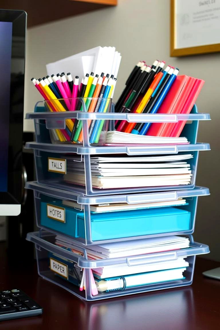 Organize with Stackable Bins - 24 Desk Organization Ideas