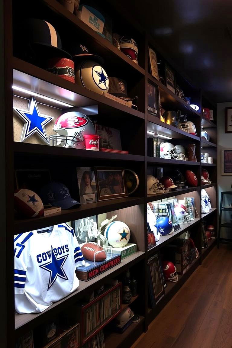Organized Cowboys Collection Shelves - 24 Dallas Cowboys Man Cave Ideas