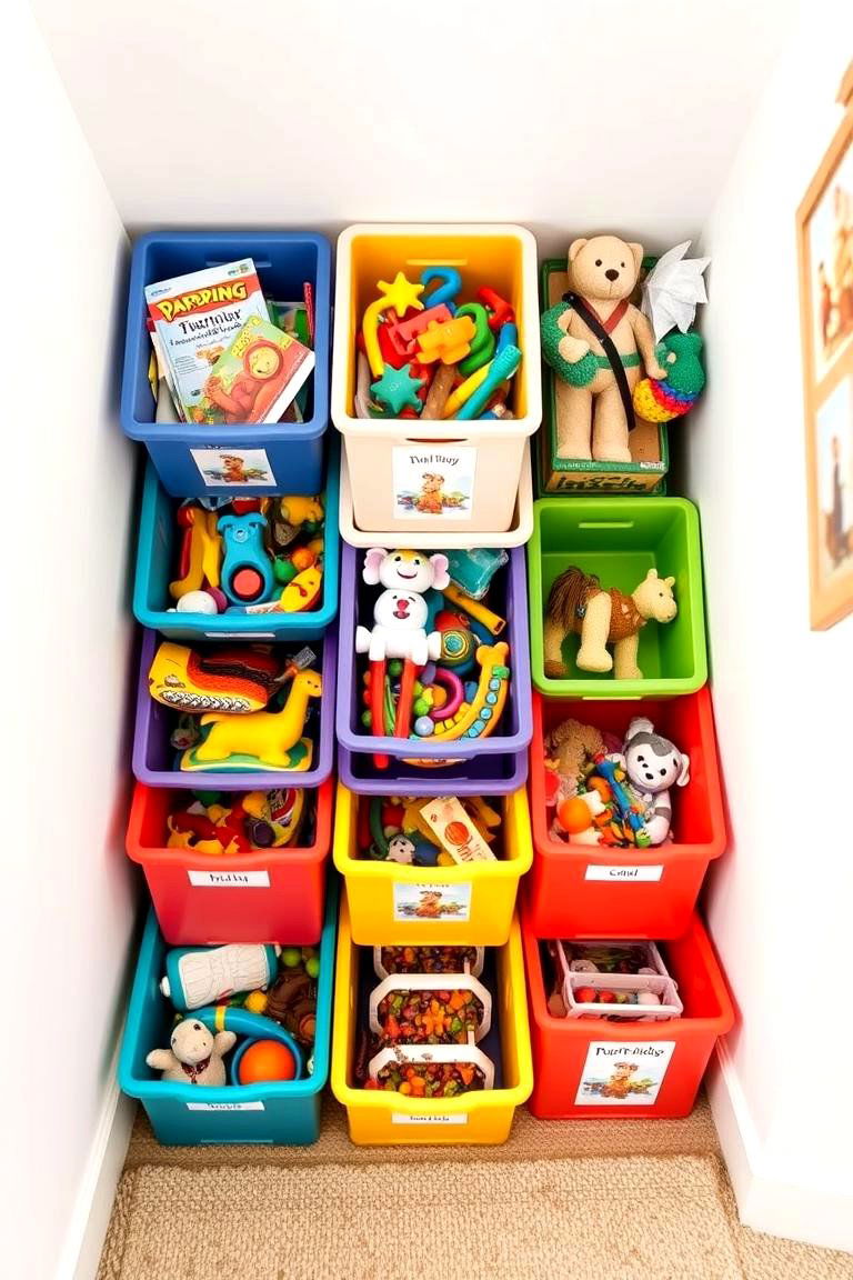 Organized Toy Storage Bins with Clear Labels - 24 Playroom Storage Ideas