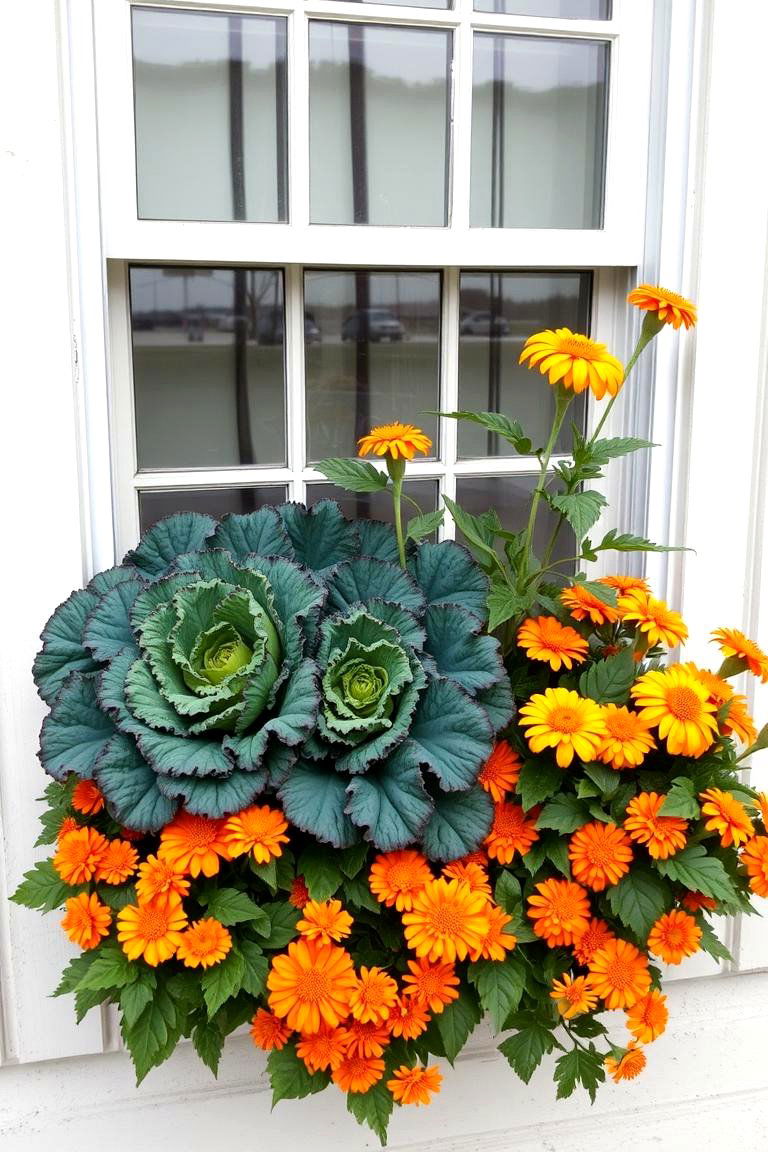 Ornamental Kale and Marigold Mix - 24 Fall Window Box Ideas