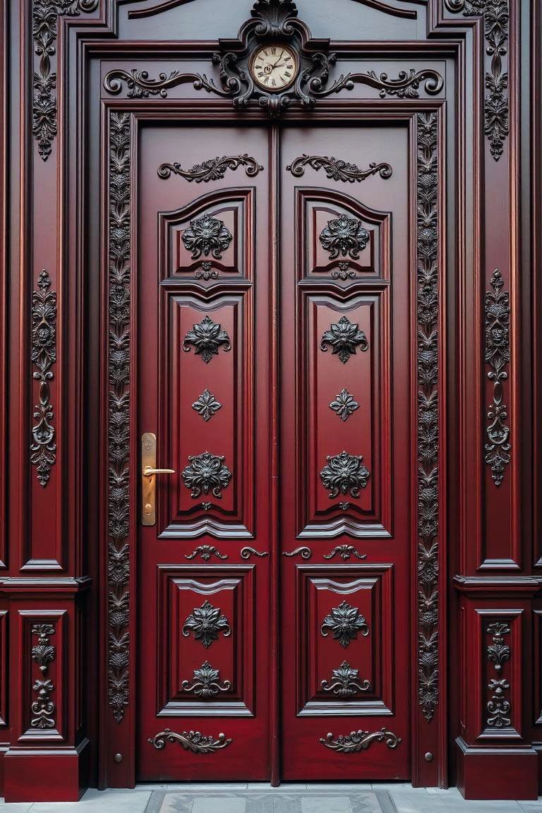 Ornate Dark Red Door with Embellished Accents - 24 Dark Red Front Door Ideas