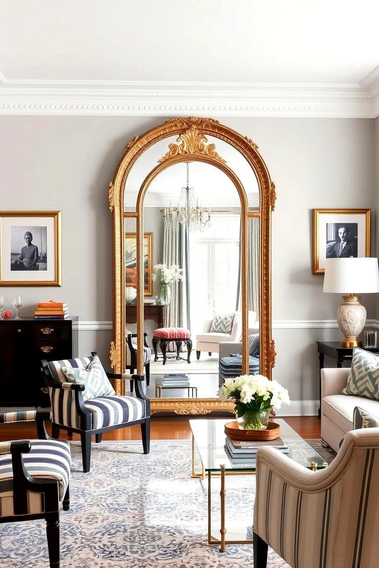 Ornate Mirror Focal Points - 24 Preppy Living Room Ideas
