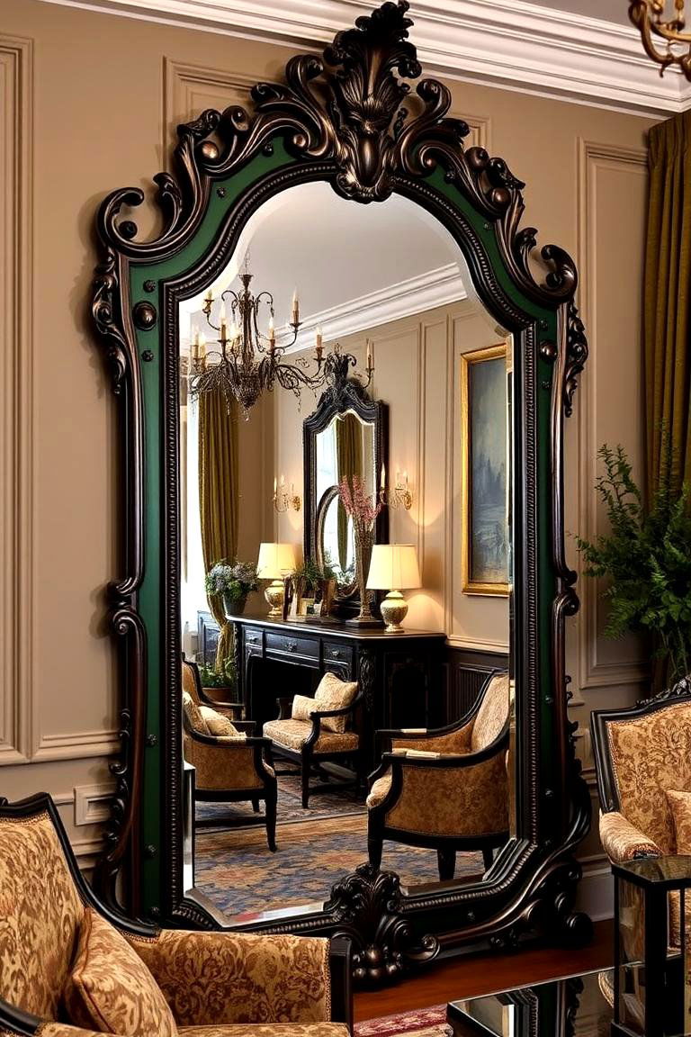 Ornate Victorian Mirrors with Dark Green Accents - 24 Victorian Dark Green Living Room Ideas