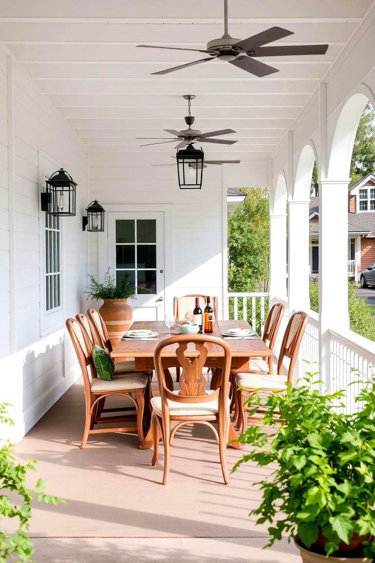 Outdoor Dining Area - 24 White Farmhouse With Wrap-around Porch Ideas