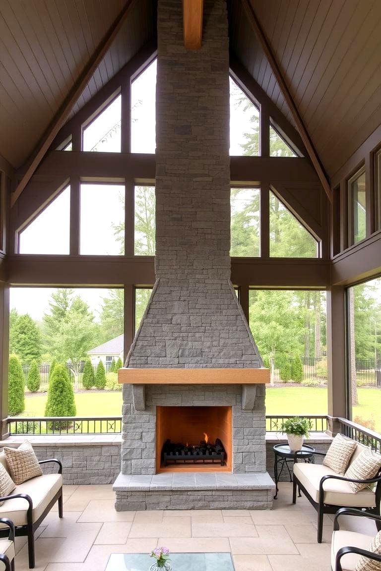 Outdoor Fireplace with Chimney Extending Above the Roofline - 24 Screened-in Porch With Fireplace Ideas