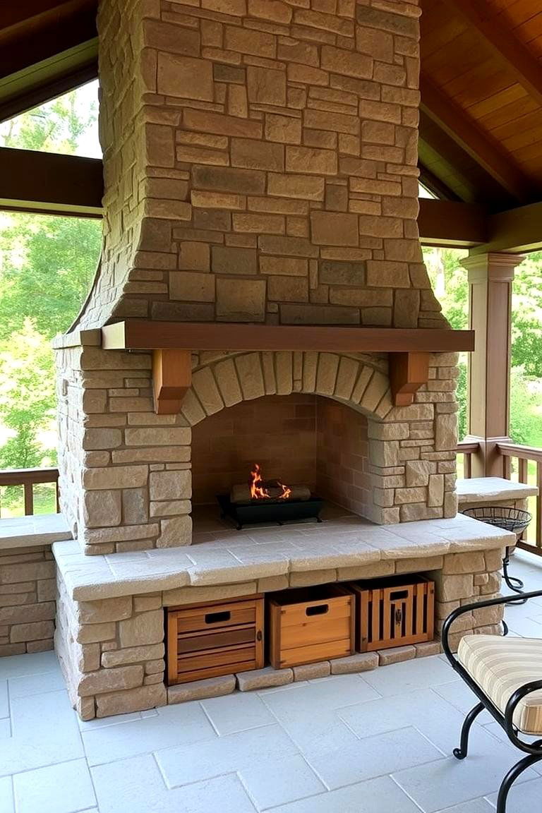 Outdoor Fireplace with Integrated Storage - 24 Porch Fireplace Ideas