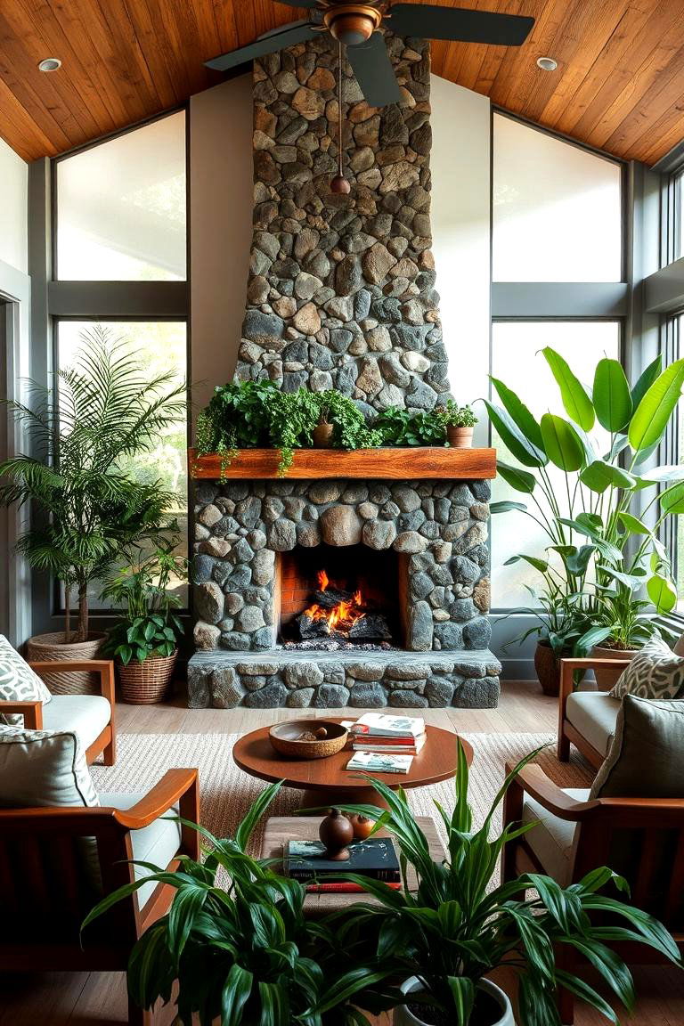 Outdoor Inspired Fireplace with Natural Elements - 24 Living Room Fireplace Ideas