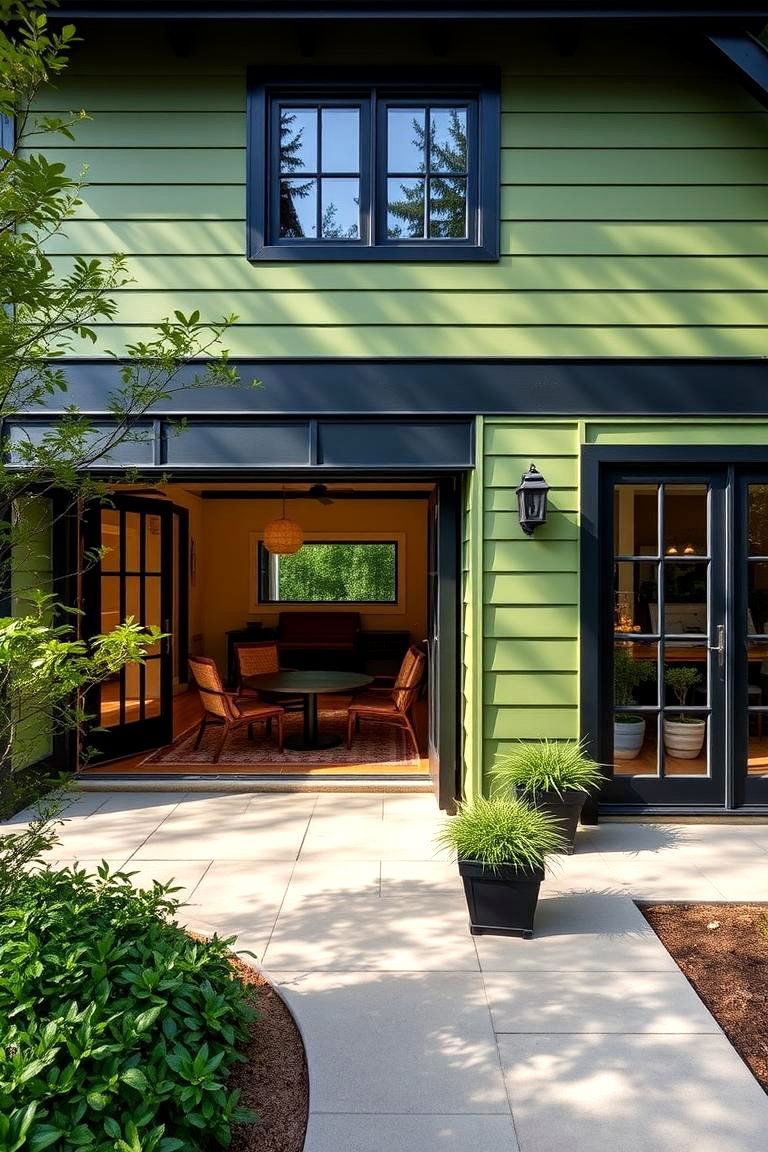 Outdoor Living Connection - 24 Green House Exterior With Black Trim