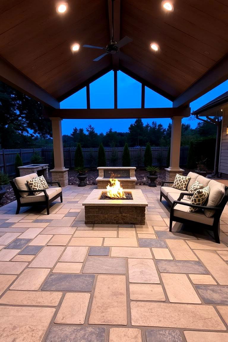 Outdoor Living Room with Stone Paver Flooring - 24 Stone Patio With a Fire Pit Ideas