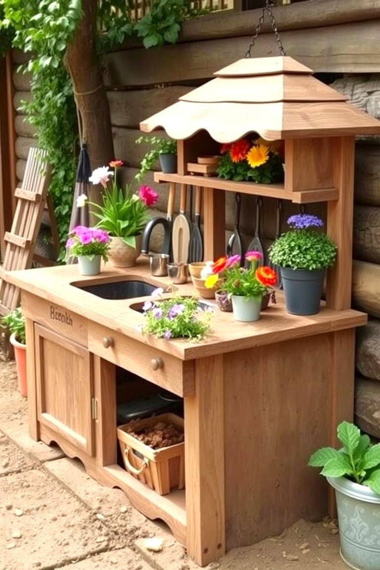 Outdoor Mud Kitchen with Flower Boxes - 24 Mud Kitchen Ideas for Kids