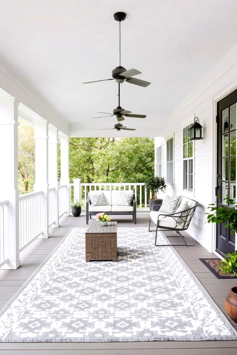 Outdoor Rug for Warmth - 24 White Farmhouse With Wrap-around Porch Ideas