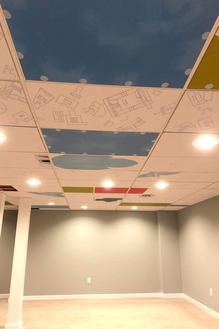 Painted Drop Ceiling Tiles for a Customized Design - 24 Basement Ceiling Ideas