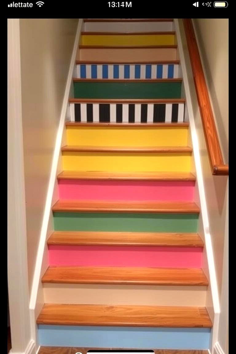 Painted Stair Risers with Pattern - 24 Basement Stair Ideas