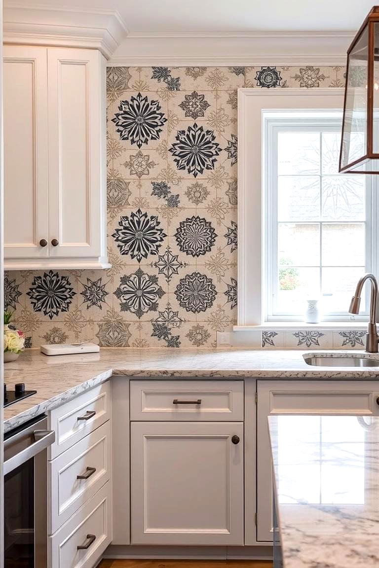 Painted Tiles - 24 Backsplash Ideas for White Cabinets and Granite Countertops