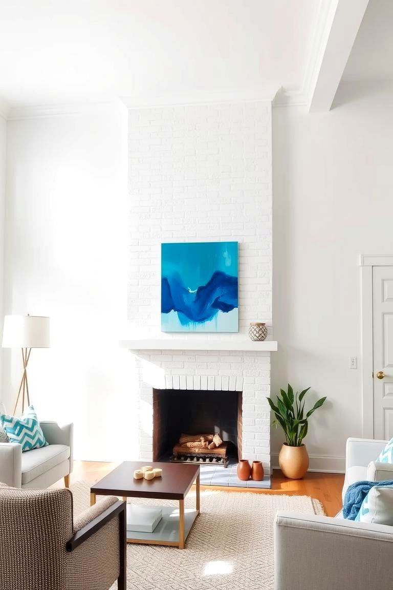 Painted White Brick with a Pop of Color - 24 White Brick Fireplace Ideas