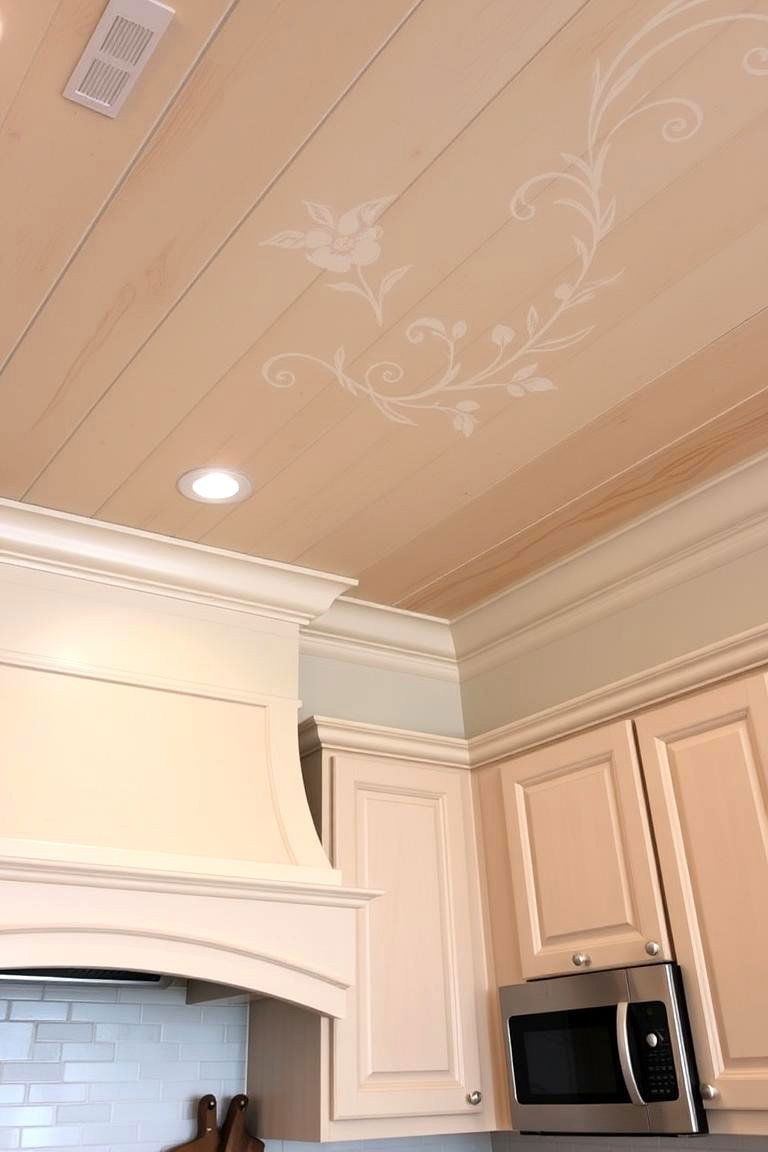 Painted Wood Ceiling with Stenciled Design - 24 Wood Ceiling Kitchen Ideas
