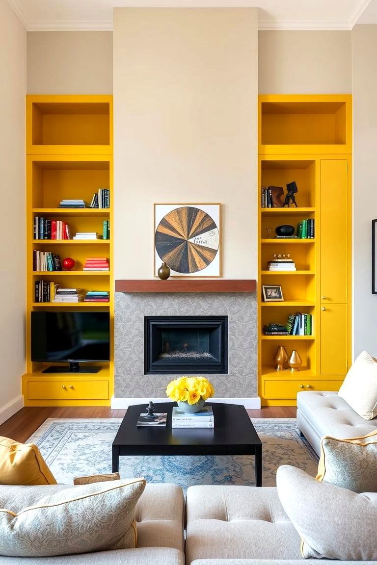 Painting Built in Shelves Yellow - 24 Yellow Living Room Ideas