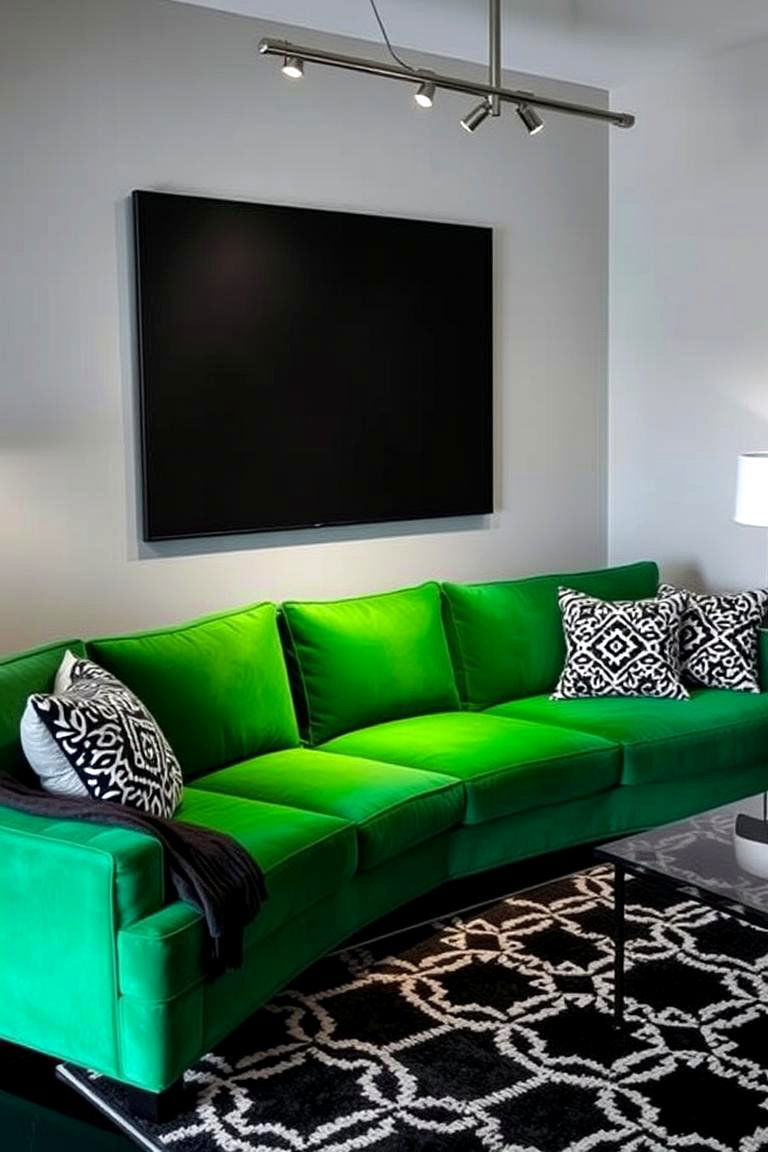 Pair with Black and White Accents for Drama - 24 Emerald Green Sofa Living Room Ideas