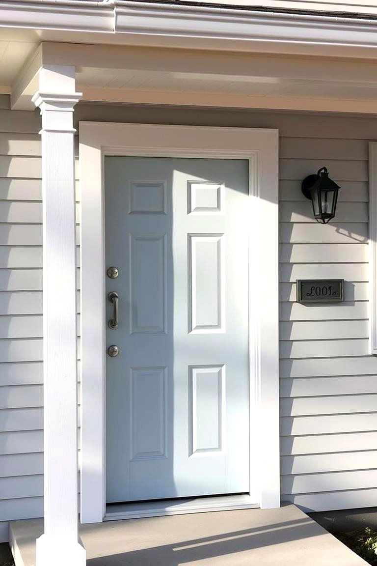 Pale Powder Blue Door for Subtlety - 24 Grey House With Blue Door Ideas