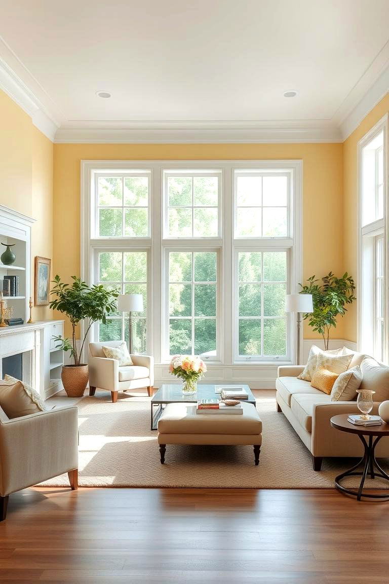 Pale Yellow Walls with White Trim - 24 Yellow Living Room Ideas