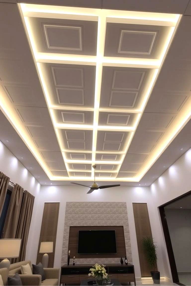 Panelled False Ceiling with LED Strips Accents - 24 Living Room False Ceiling Design Ideas