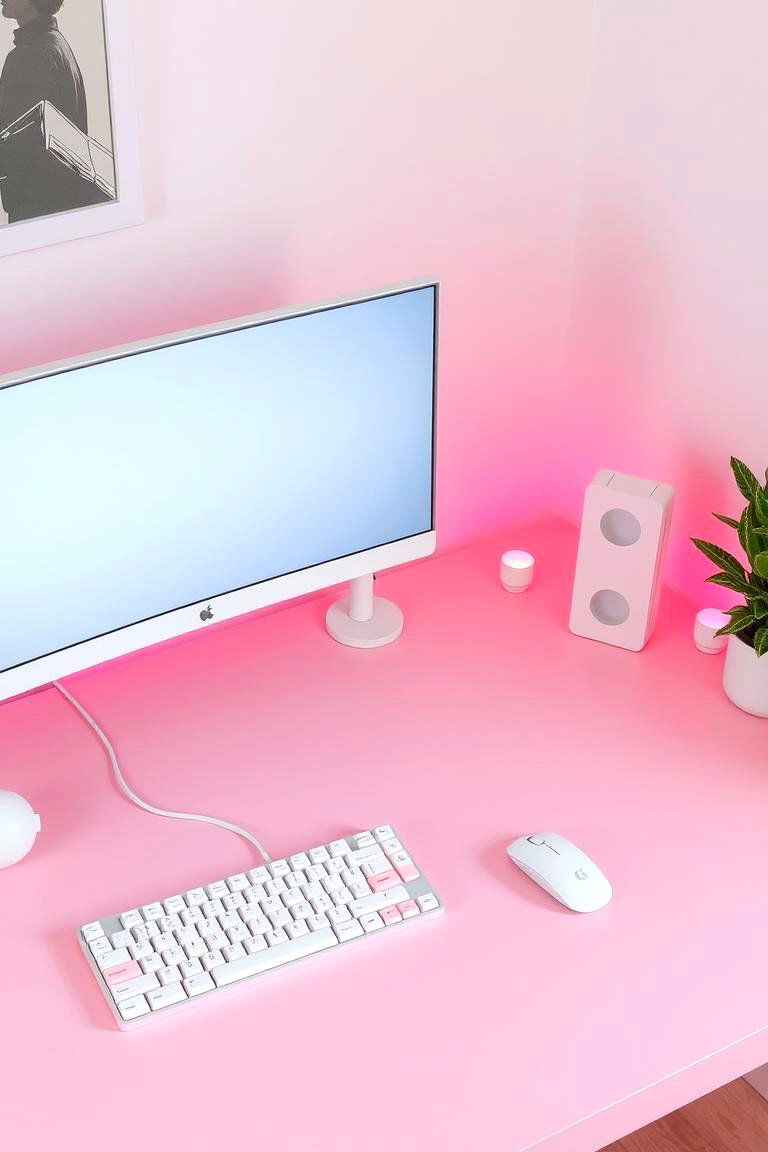 Pastel Pink Desk with White Accents - 24 Pink Gaming Setup Ideas