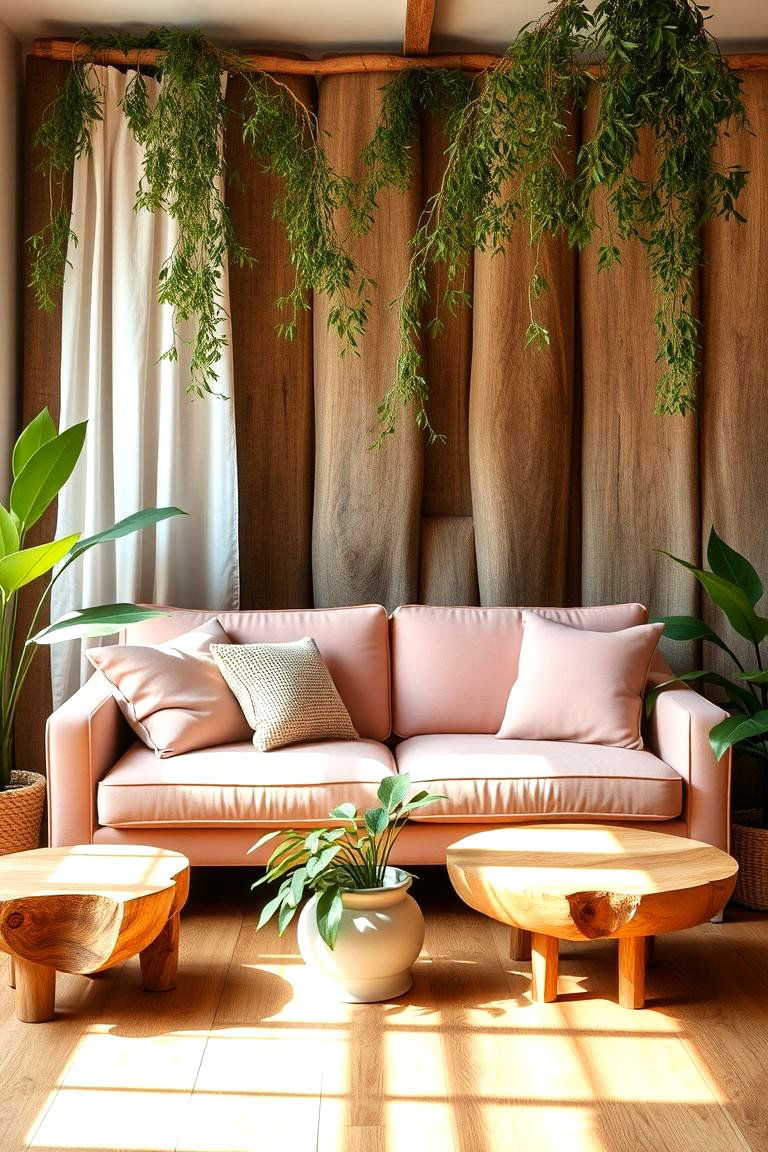 Pastel Pink and Wood Warmth - 24 Pink Couch Living Room Ideas