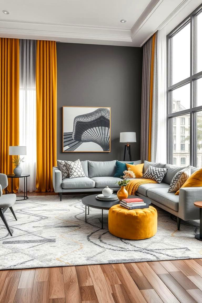 Pattern Play Grey and Yellow Rugs and Curtains - 24 Grey and Yellow Living Room Ideas