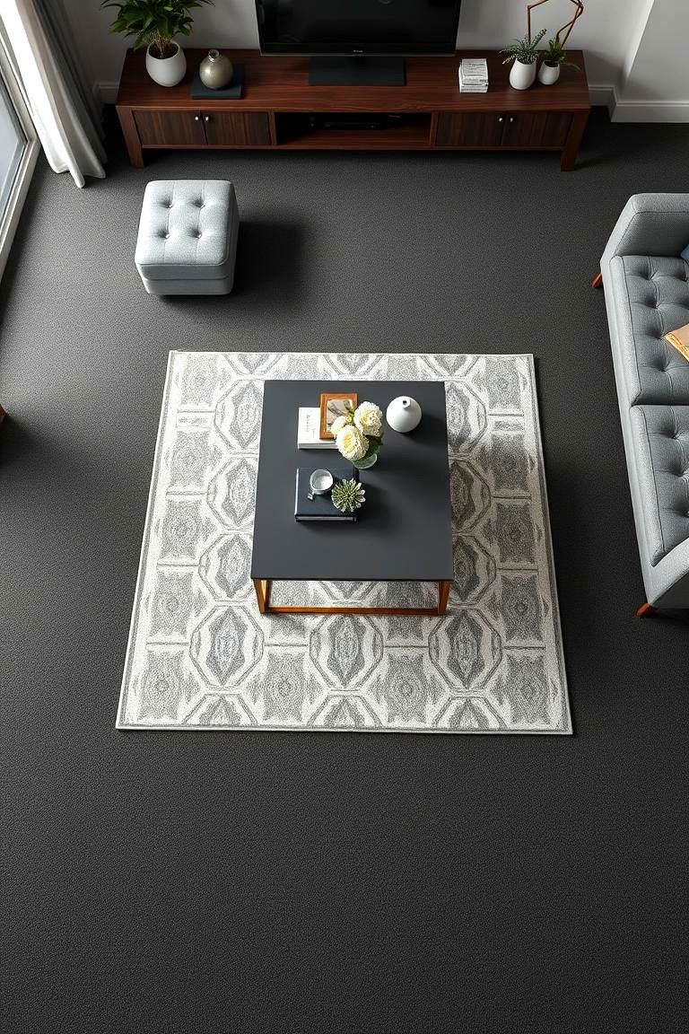 Patterned Area Rug on Grey Carpet - 24 grey carpet living room ideas