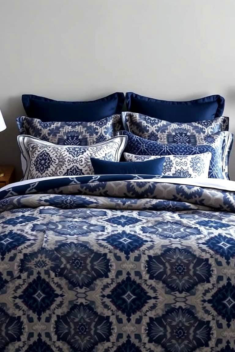 Patterned Bedding in Navy and Grey - 24 Navy Blue and Grey Bedroom Ideas