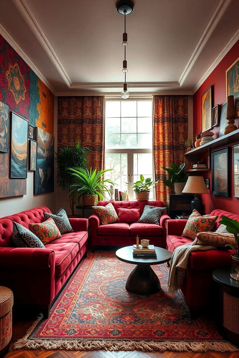 Patterned Boldness - 24 Burgundy Sofa Living Room Ideas