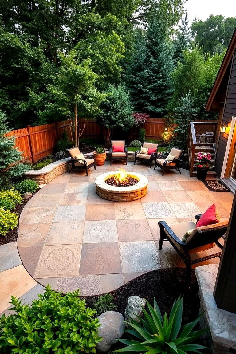 Patterned Concrete with Lush Garden Accents - 24 stamped concrete patio with fire pit ideas