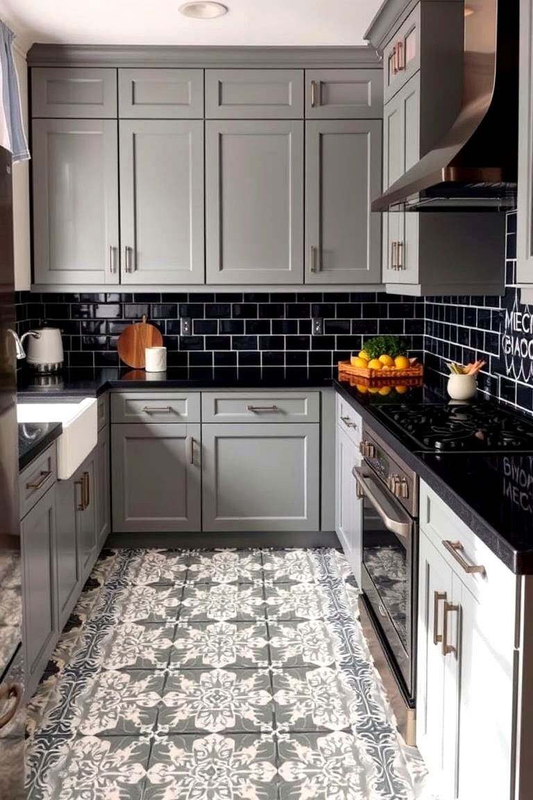 Patterned Floor Accents - 24 Kitchen With Gray Cabinets And Black Countertops Ideas