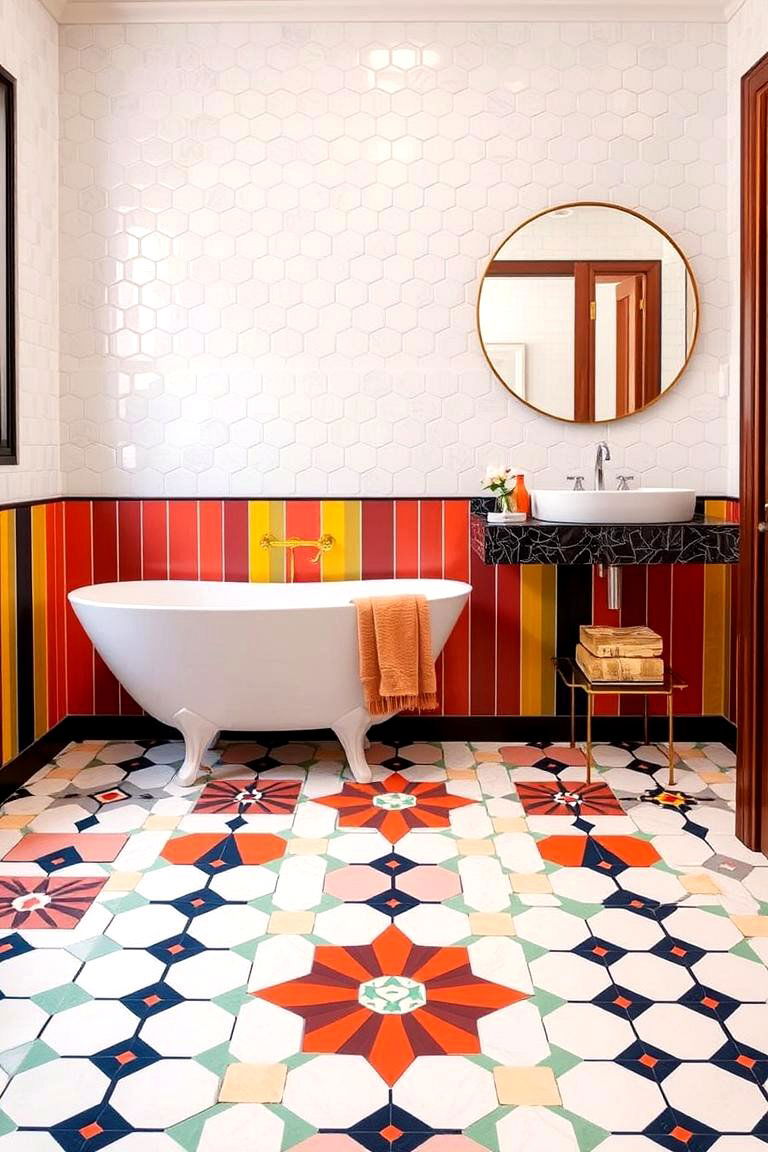 Patterned Floor Art - 24 Hexagon Tiles Ideas for Bathrooms