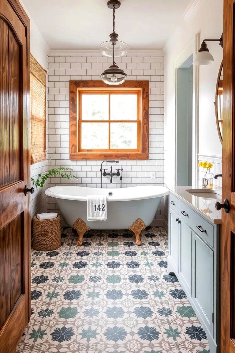 Patterned Floor Tiles for a Bold Statement - 24 Farmhouse Bathroom Ideas