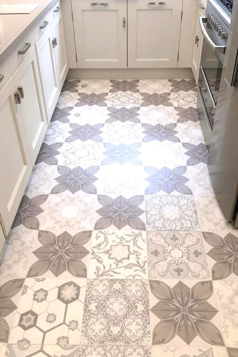 Patterned Floor Tiles in Grey and White Delight - 24 Grey and White Kitchen Designs